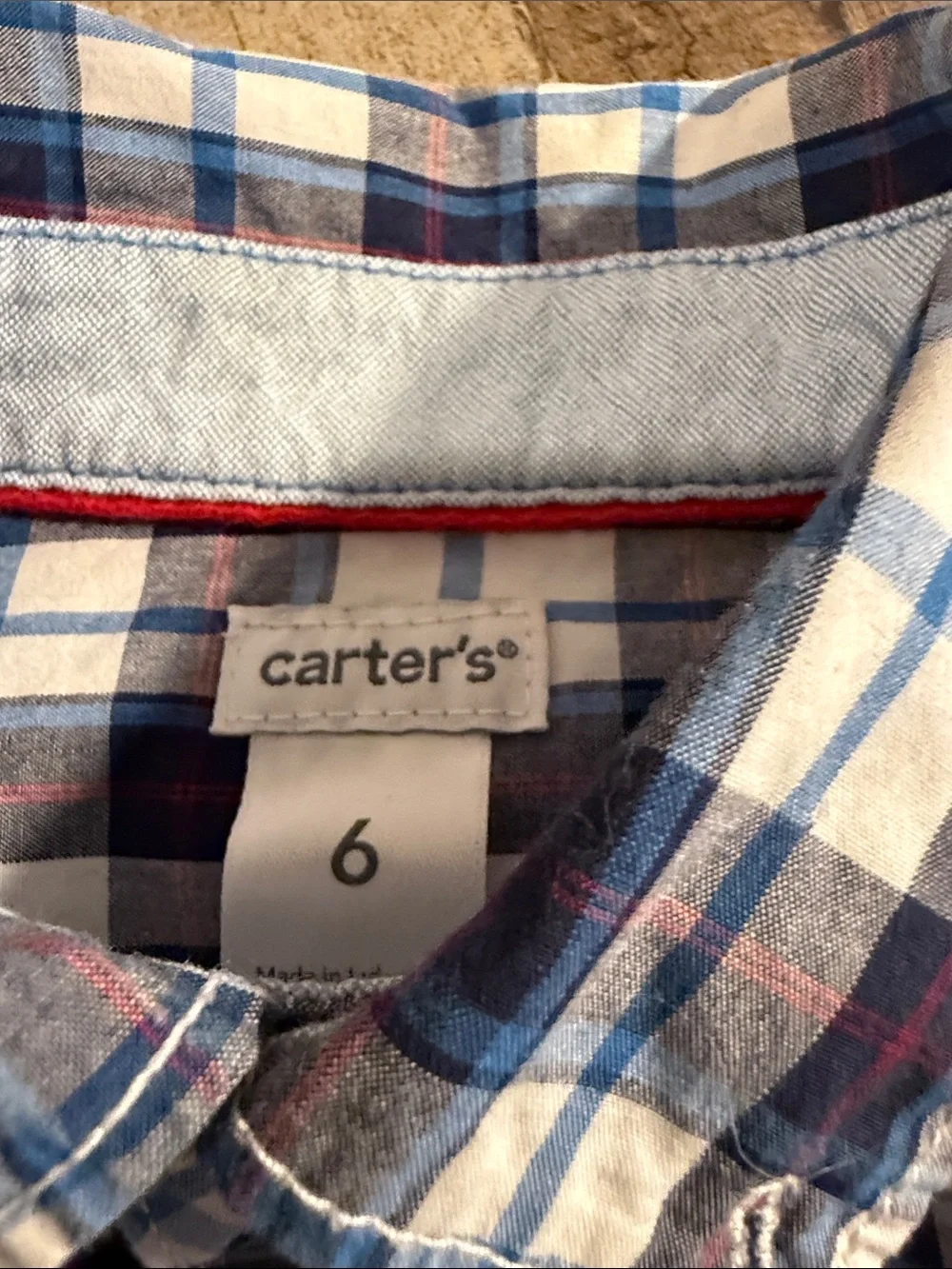 5/$15 Carters Navy and White Plaid Button-Down Shirt size 6